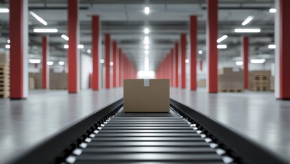 Cardboard box on conveyor belt in warehouse with red support pillars.