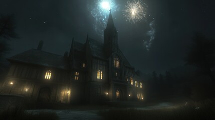 A gothic mansion stands silhouetted against a night sky filled with fireworks.