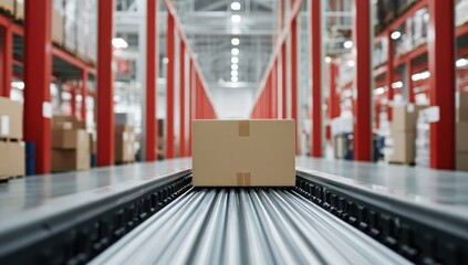Cardboard box on conveyor belt in warehouse with red racks and bright lighting.