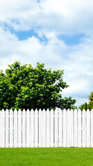 white picket fence with green bush and bright sky