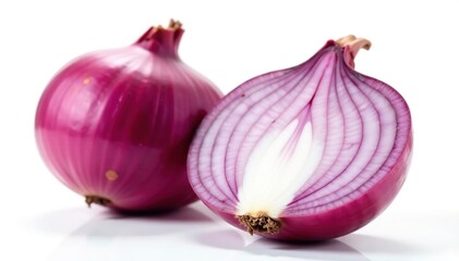 Close-up red onion, showing layers, against pure white, cooking, culinary