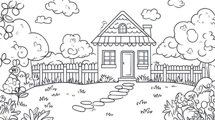 Black and White Cartoon House in Garden