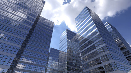 Obraz premium A uprisen angle view of group of skyscraper with white clouds and clear blue sky on background and reflecting on facade, represent feeling of urban, business, and technology. 3D illustration.