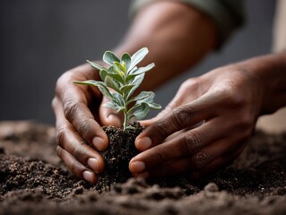 Hands nurturing a young plant in rich soil, symbolizing growth and care