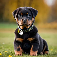 Obraz premium Rottweiler puppy holding a bowl in his mouth 