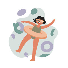 Happy girl playing with swim ring illustration in playful summer activity scene with abstract shapes 
