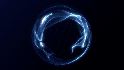 Flowing blue light sphere in digital space ,abstract glowing wave circle with particles and energy motion, 3D tech animation for sci-fi ,network, or futuristic backgrounds and visual effects