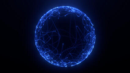 Digital glowing sphere made of blue dots and lines, abstract futuristic globe, data network visualization, 3D technology animation for science, cyberspace, AI, or virtual reality magic backgrounds