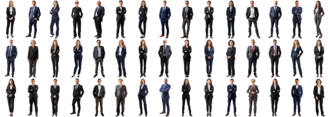 Many business people set on isolated background, formal attire wear, full body length, networking mixed different diversed businesspeople, happy male and female, successful career, crisp edges style