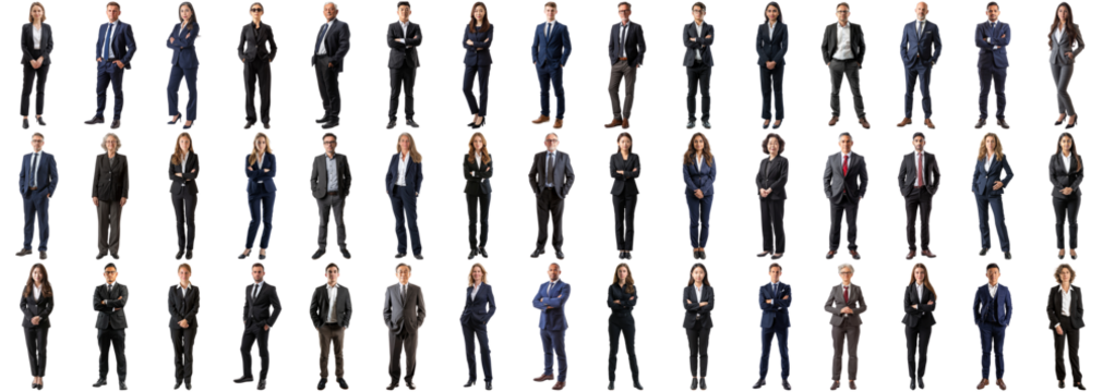 Many business people set on isolated background, formal attire wear, full body length, networking mixed different diversed businesspeople, happy male and female, successful career, crisp edges style