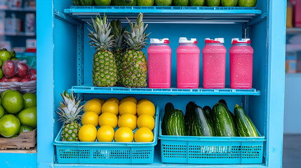 Brightly Lit Produce Display: Pink Smoothies, Pineapples, Oranges and Avocados in Blue Refrigerator