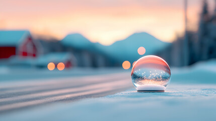 Obraz premium Crystal Snow Globe on Snowy Road at Sunset with Mountain Background