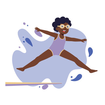 Girl wearing purple swimsuit jumping off diving board in playful summer water scene with blue splash background 