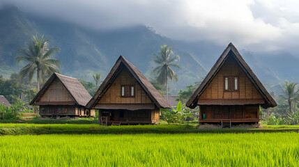 Obraz premium Traditional Houses in Lush Green Rice Paddies and Mountains