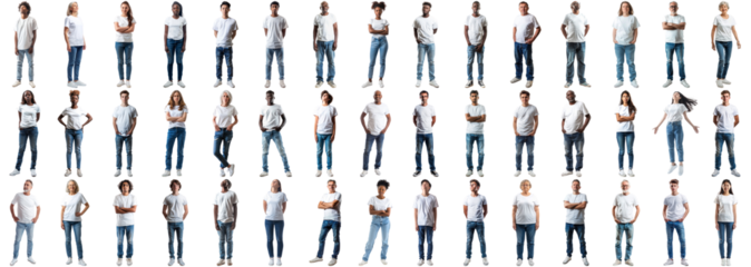 Collage group of people wearing casual white t-shirt jeans over isolated background. Large tee clothing collection set team with a happy pose and cool smile person male and female. crisp edges style