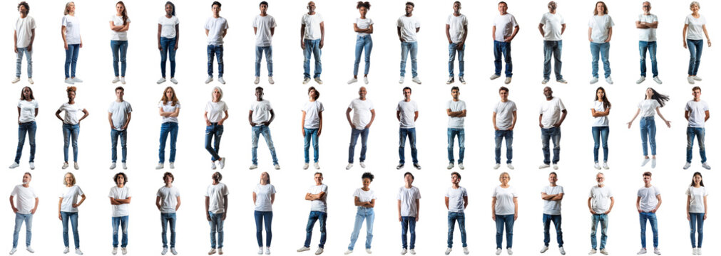 Collage group of people wearing casual white t-shirt jeans over isolated background. Large tee clothing collection set team with a happy pose and cool smile person male and female. crisp edges style