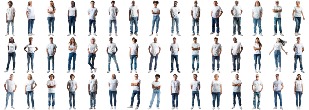 Collage group of people wearing casual white t-shirt jeans over isolated background. Large tee clothing collection set team with a happy pose and cool smile person male and female. crisp edges style