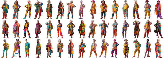 Many people set on isolated background, bold color fashion wear, full body length shot, mixed different diverse people, trendy model summer collage of happy positive male and female, crisp edges style