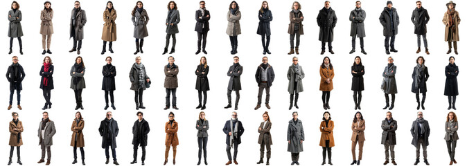Many business people set on isolated background, winter formal business attire wear, full body length, networking mixed different diverse, happy male female, successful career, crisp edges style
