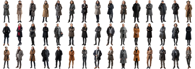 Many business people set on isolated background, winter formal business attire wear, full body length, networking mixed different diverse, happy male female, successful career, crisp edges style