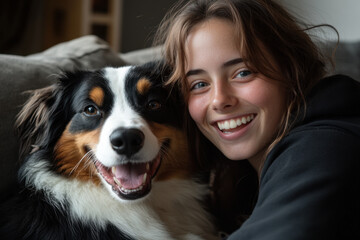 Woman smiling, holding dog in lush park. Bright sunshine, vibrant greenery. Joyful connection between woman and pet.