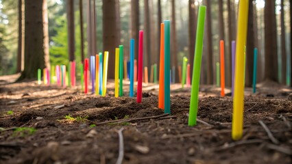 Fototapeta premium Colorful Plastic Tubes Installed in Forest Ground, Surreal Contrast Between Bright Colors and Nature’s Calm Environment