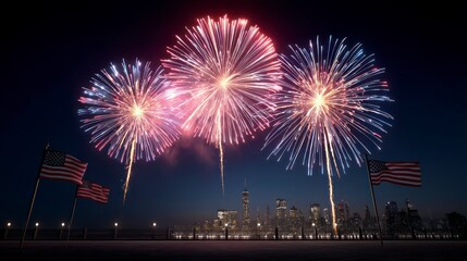 Fourth of July Fireworks with American Flags over City Skyline