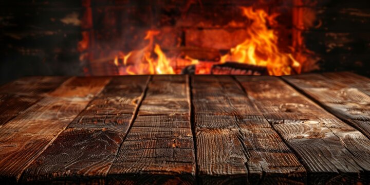 Rustic Wooden Tabletop with Cozy Fireplace Background