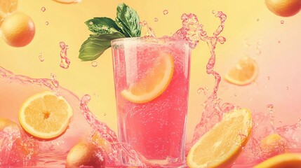 A glass of pink lemonade with a green leaf in it. The drink is splashing out of the glass and onto the table