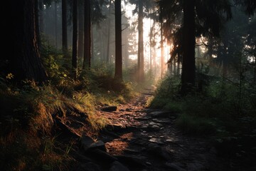 Fototapeta premium Serene Forest Path with Morning Light and Fog Effects in Nature