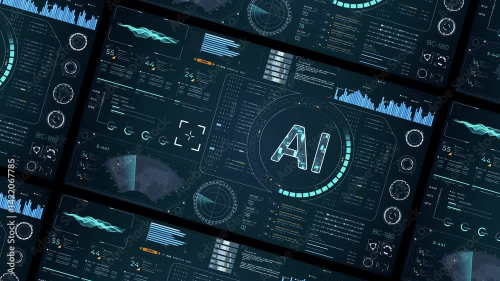 Poster motion graphic of blue digital ai with head up display (hud ui) panel and futuristic technology abst
