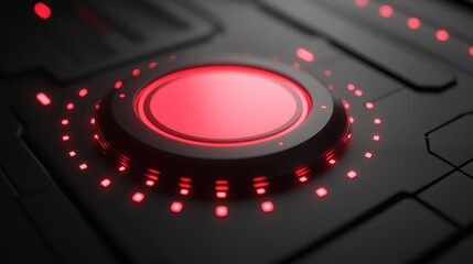Circular Red Illuminated Button On Dark Grey Textured Panel Showing Technology And Control