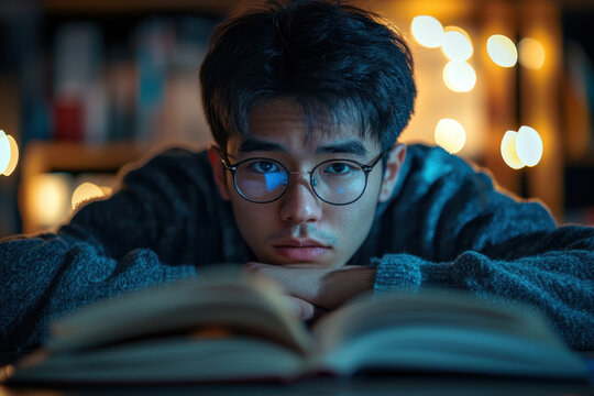 A young man absorbed in reading a book under a solitary beam of light on a quiet night, immersing himself in the pages as the world sleeps.