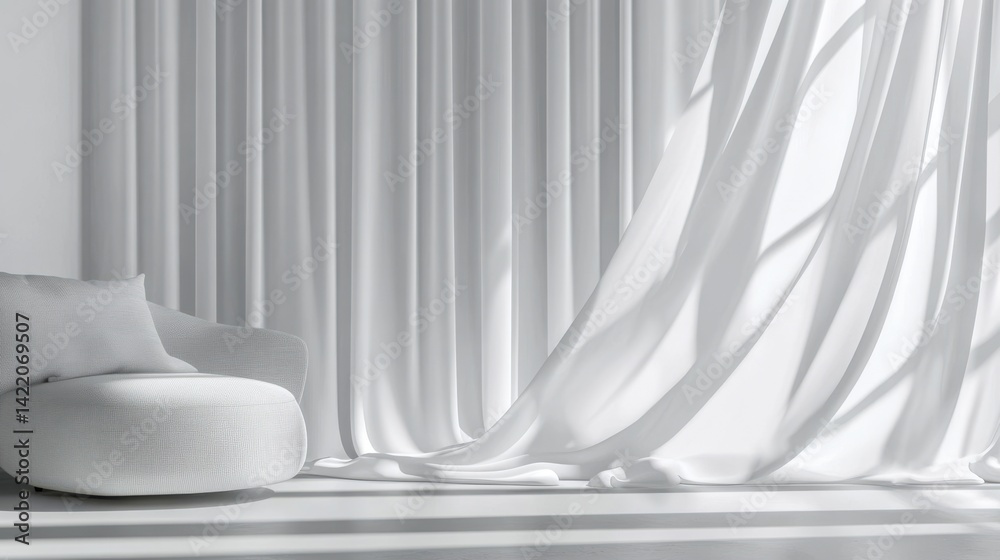 Poster elegant white silk curtain with smooth waves and soft gray shadows, matte textured backdrop for luxu