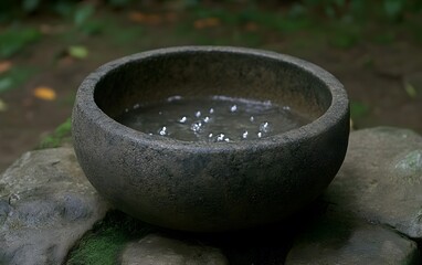 Serene Stone Bowl with Water Drops, Zen Garden Still Life