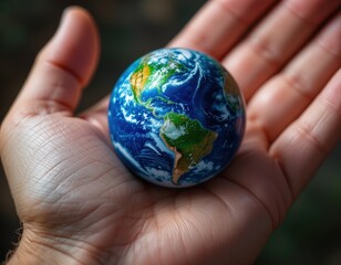 A human hand gently cradles a vibrant, detailed globe representing Earth, showcasing continents, oceans, and lush colors, symbolizing care for our planet and environmental stewardship.