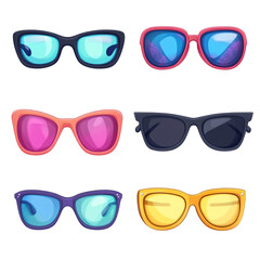 Six pairs of stylish sunglasses in various colors and styles shown against a black background