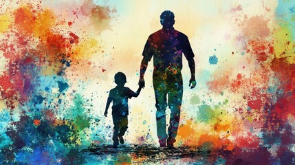 Father Son Silhouette  Colorful Watercolor  Walking  Bond