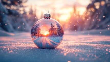 Obraz premium Reflective Christmas bauble: snowy road sunset.
