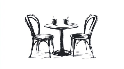 Cafe table and chairs sketch, outdoor seating, simple design, background