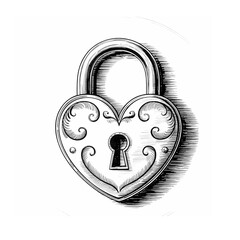 A silhouettes heart shaped padlock isolated on white background 