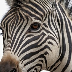 "A close-up of a zebra&rsquo;s face with detailed fur texture, isolated on white"