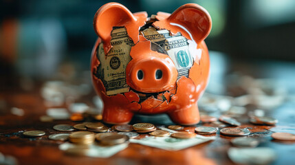 Obraz premium A shattered piggy bank with dollar bills and coins scattered around, symbolizing financial emergencies
