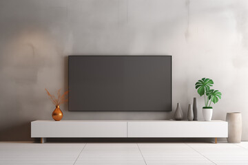 Modern TV Display Unit with Decorations in Living Room, Interior Mockup, Illustration