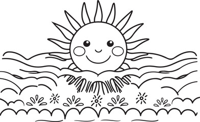 Creative Black and White Illustration of Anthropomorphic Sun and Smiling Flowers