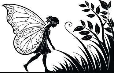 Silhouette of a Fairy with Intricate Wings Walking on a Grass Hill at Sunset