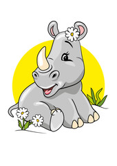 Cute shy baby rhino sitting on lawn with chamomiles