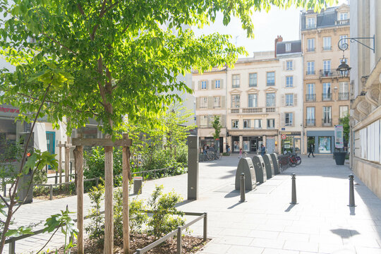 Rue Pierre Fourrier in Nancy, France, a peaceful street near the city hall, with trees, bicycles, and light-colored historic buildings bathed in spring sunlight.