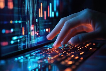 Hand types on a laptop with a glowing screen displaying data visualizations.