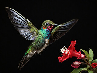 Obraz premium Ruby-throated Hummingbird (archilochus colubris) isolated on black background. Created using generative AI tools 